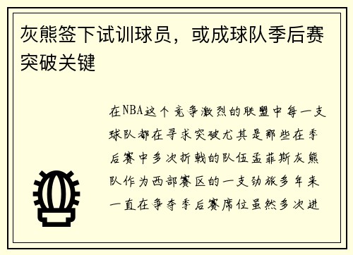 灰熊签下试训球员，或成球队季后赛突破关键